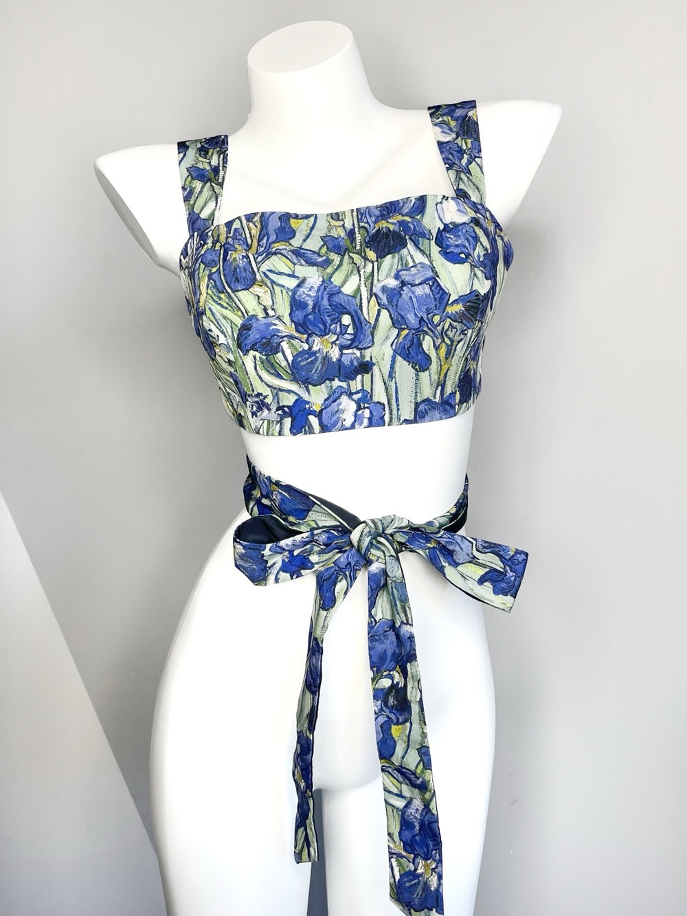Blue Floral Square-Neck Crop Top with Wrap Tie
